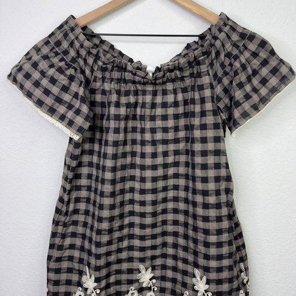 Uncle Frank Dress S Gray White Gingham Embroidered Off Shoulder Cottage Vacation - Picture 3 of 10